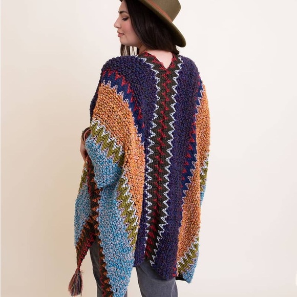 Colorful Crochet Patterned Ruana in Indigo - Picture 11 of 14